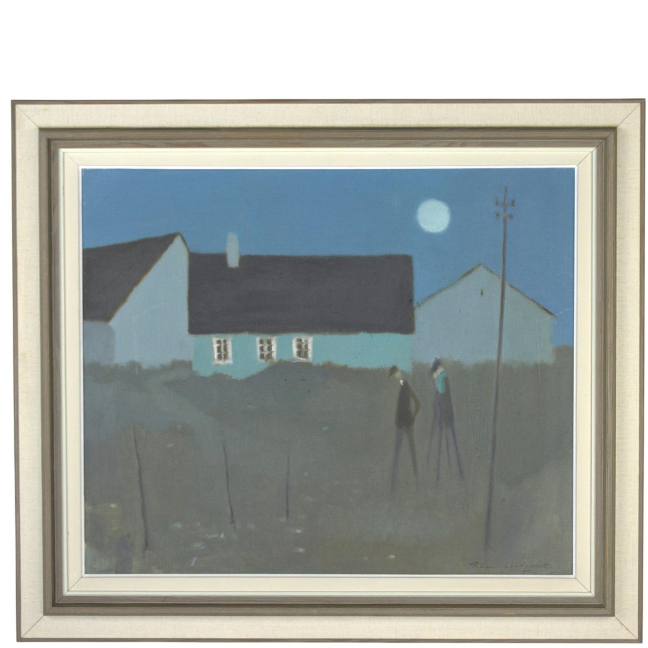 FABIAN LUNDQVIST. Oil on canvas, two men by house in moonlight, signed.