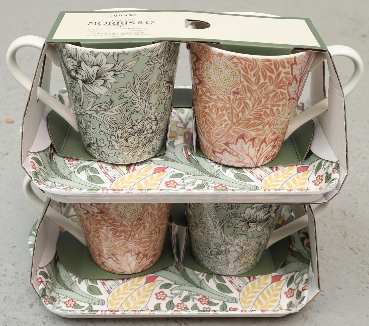 WILLIAM MORRIS. Efter. Mugg & brickset, 6 delar, porslin & melanin, Spode.