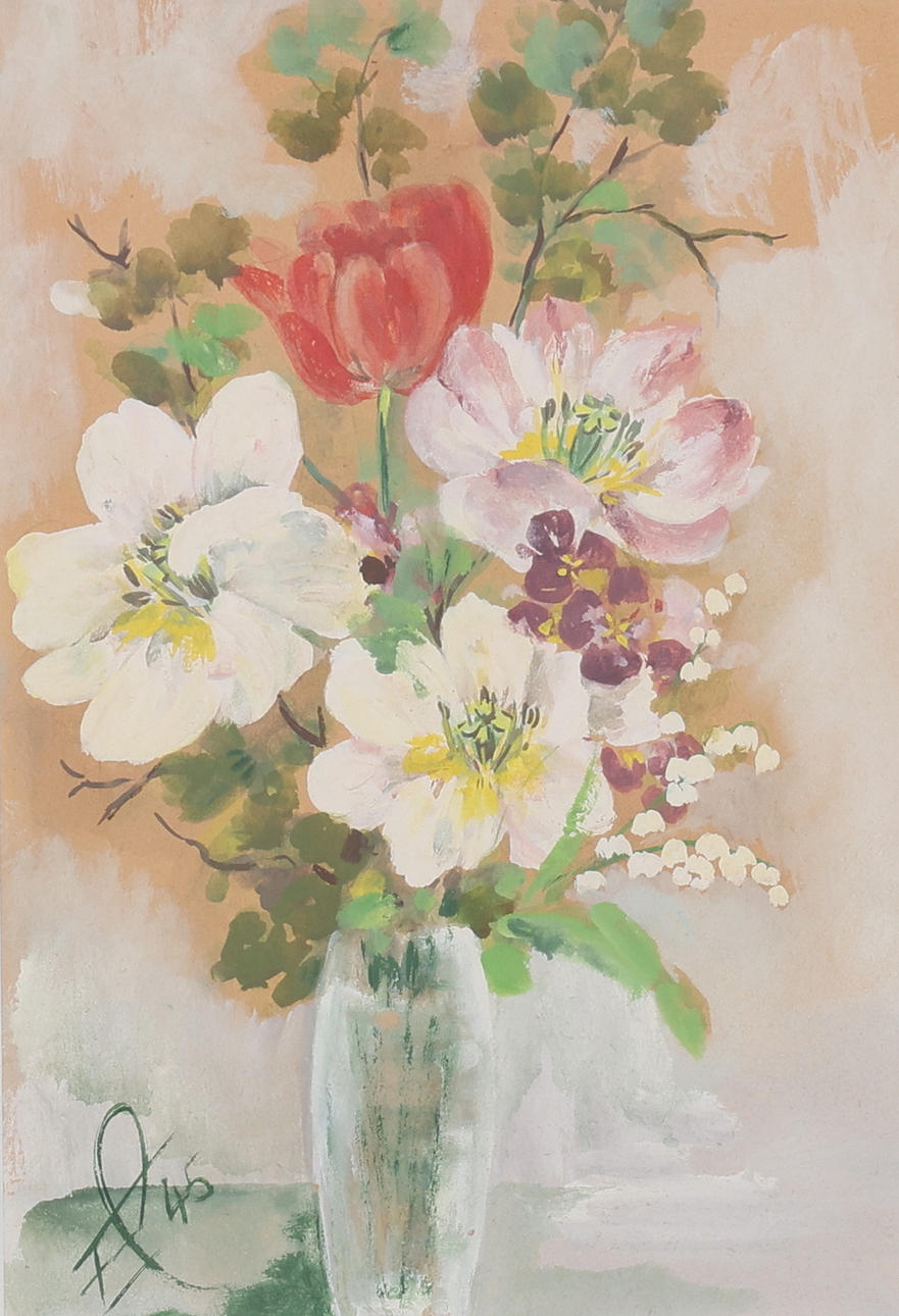OIDENTIFIERAD KONSTNÄR. Floral still life, gouache, monogram signed and dated -45.