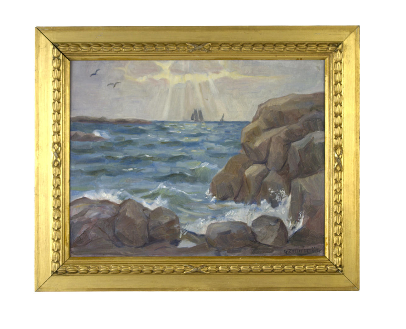 GUNNAR ZETTERSTRÖM. Oil on panel, cliffs by the sea with full rigger, signed.