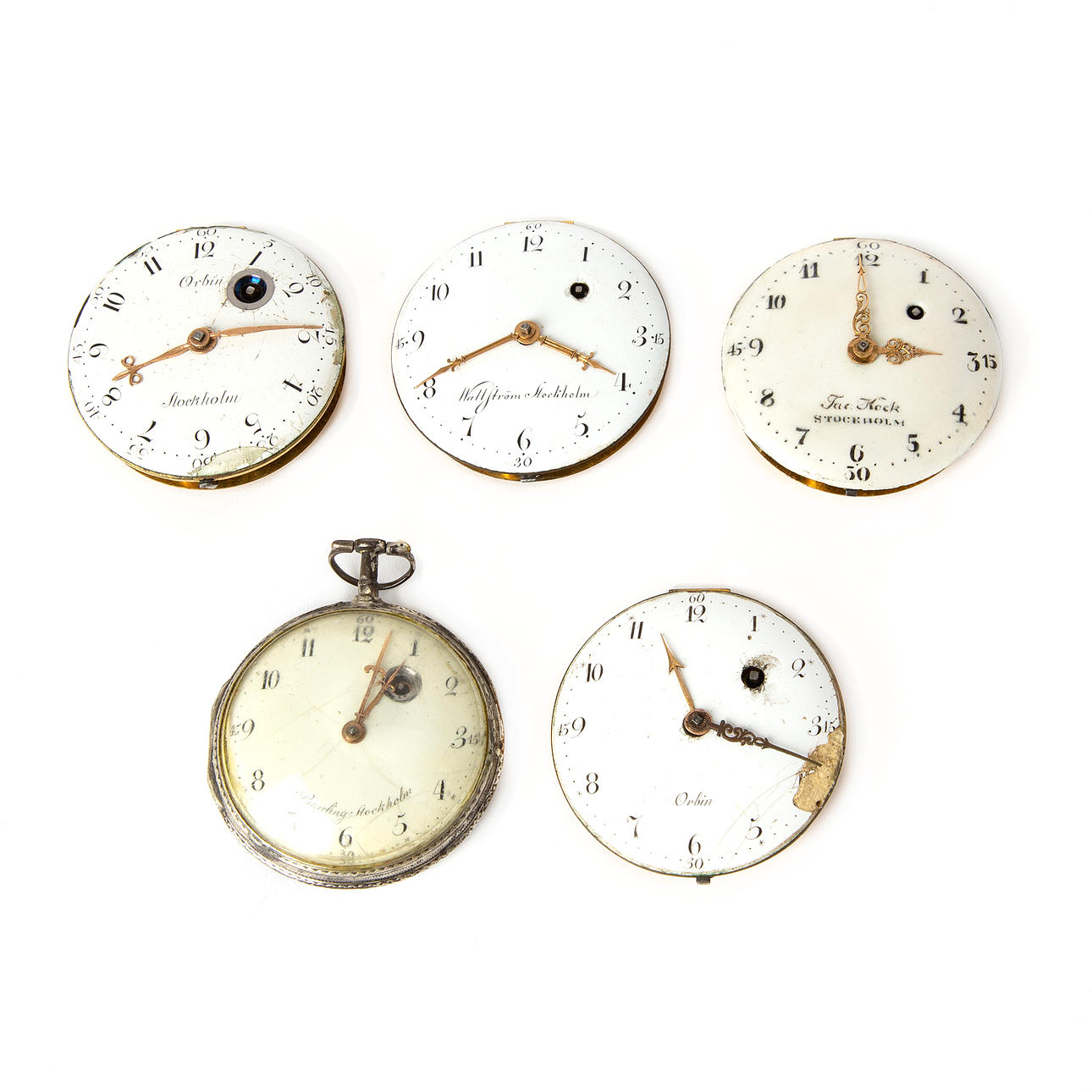 A pocket watch and watch by Jacob Kock, Carl Orbin, Jacob Wallström and Per Henrik Beurling, Stockholm, 18th century.