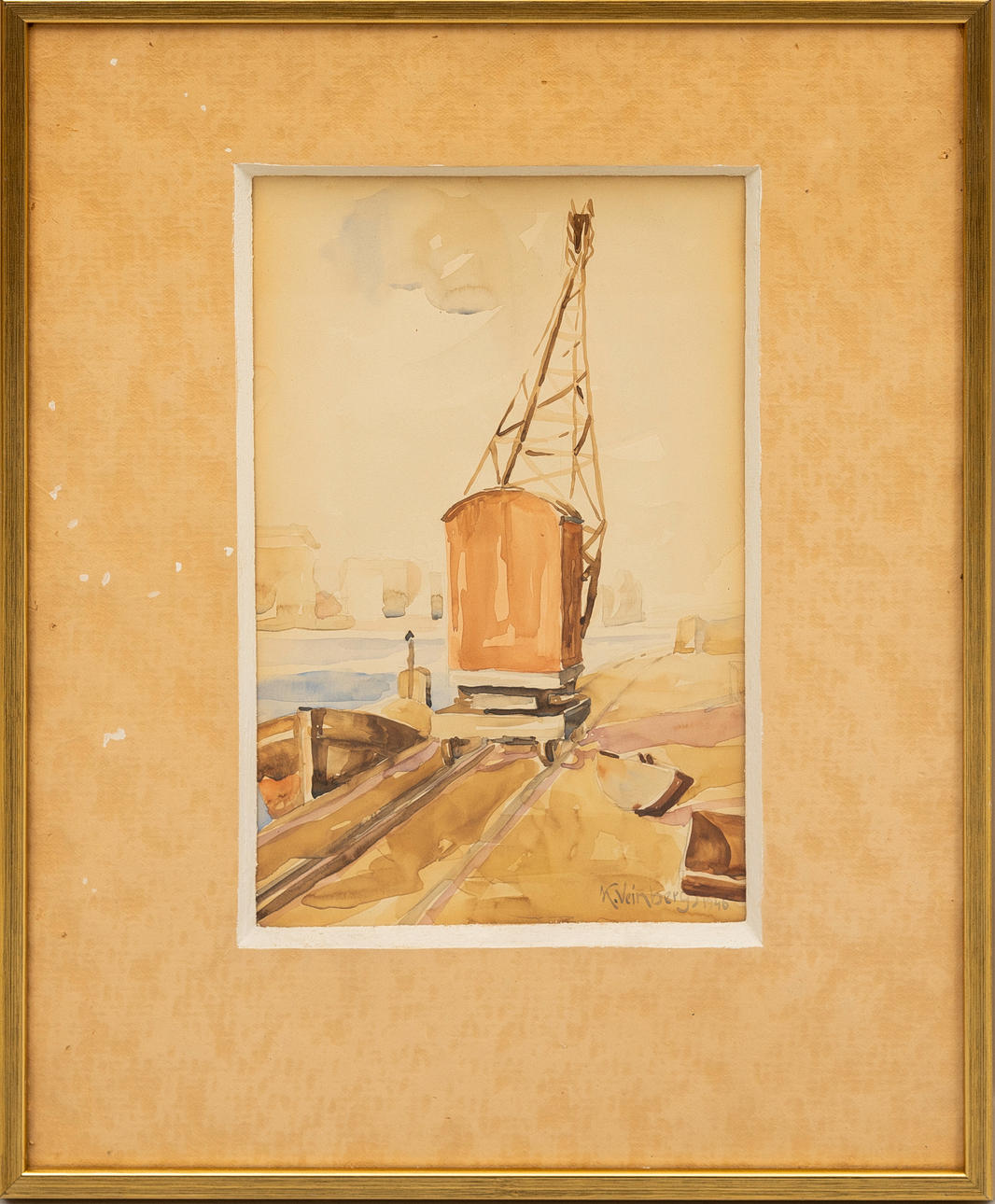 KARLIS VEINBERGS. Harbour motif with crane, Watercolour, signed and dated, 1946.