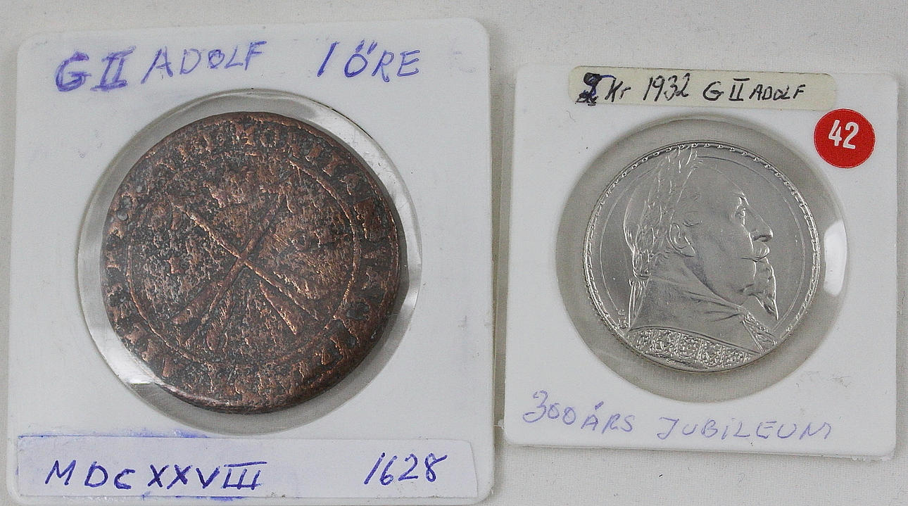 MYNT, 2 st, 1 öre, 1628, 2 krona 1932.