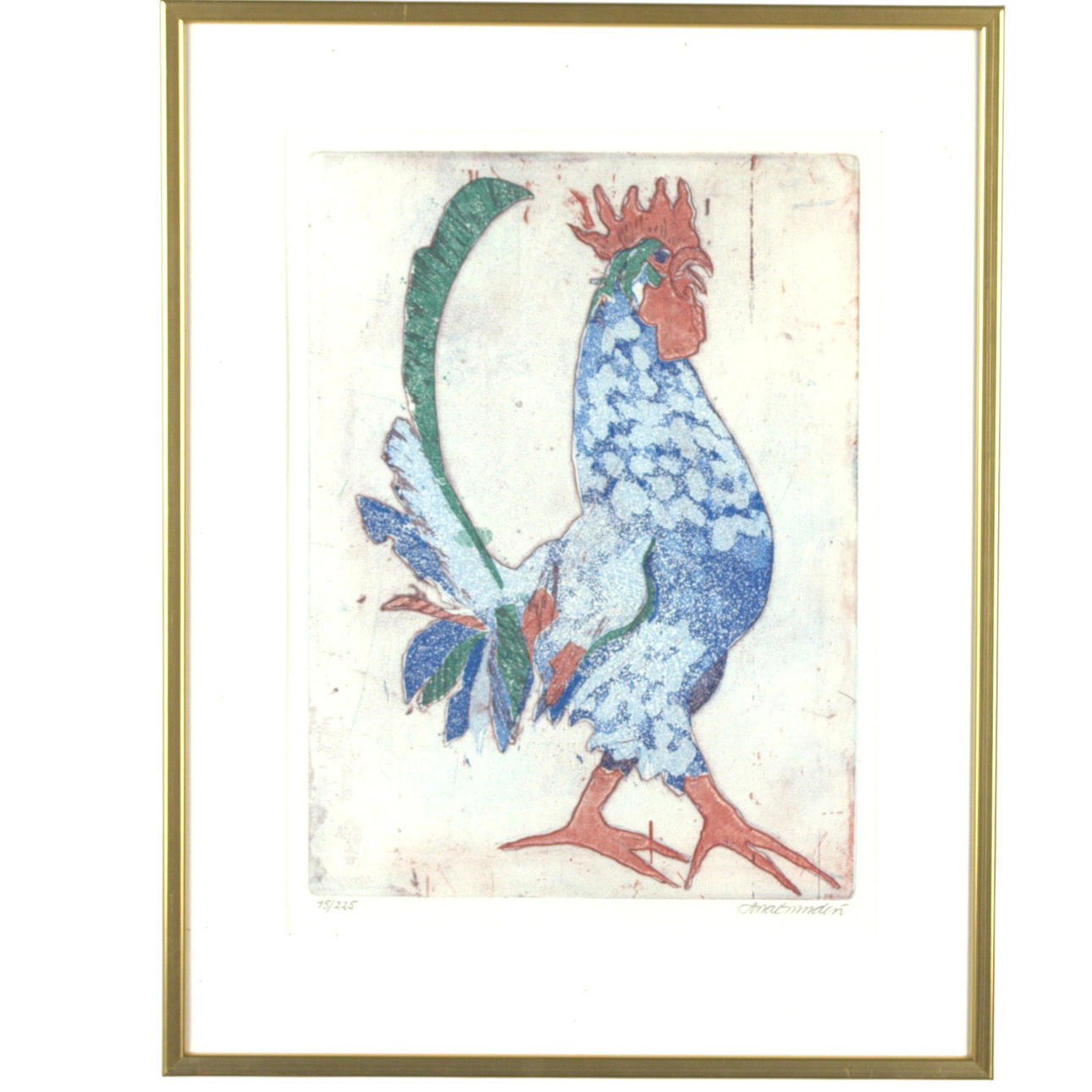 LENA GRUNDÉN. Lithograph 45/225, rooster, signed.