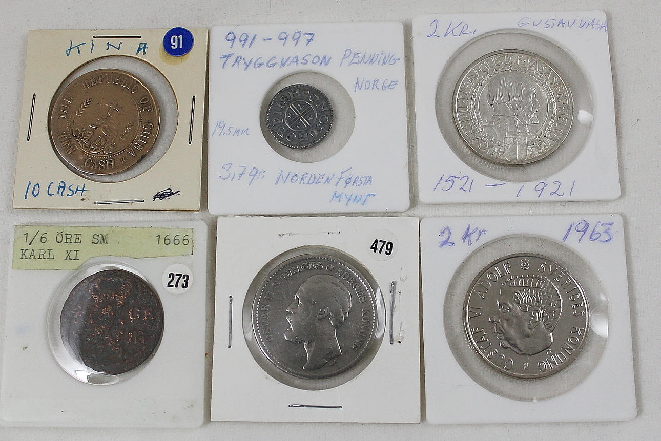 SAMLARMYNT, Jubileumsmynt 2 kr, 1921, Tryggvason-penningen utgivningsår 1995, 2 kr 1963, 2 kr 1876, 1/6 öre silvermynt 1666, Republik of China.