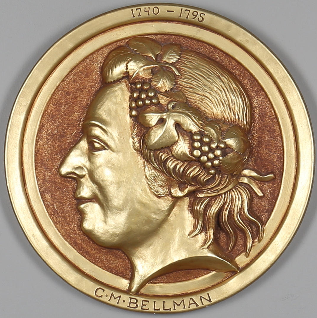VÄGGPLAKETT, gips, profilporträtt föreställande Carl Michael Bellman, stämpelsignerad Bertil Weström Konstgjuteri Stockholm.