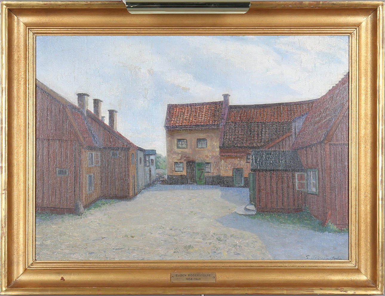 EUGEN RIDDERSTOLPE. Gårdsplan, olja på pannå, signerad.