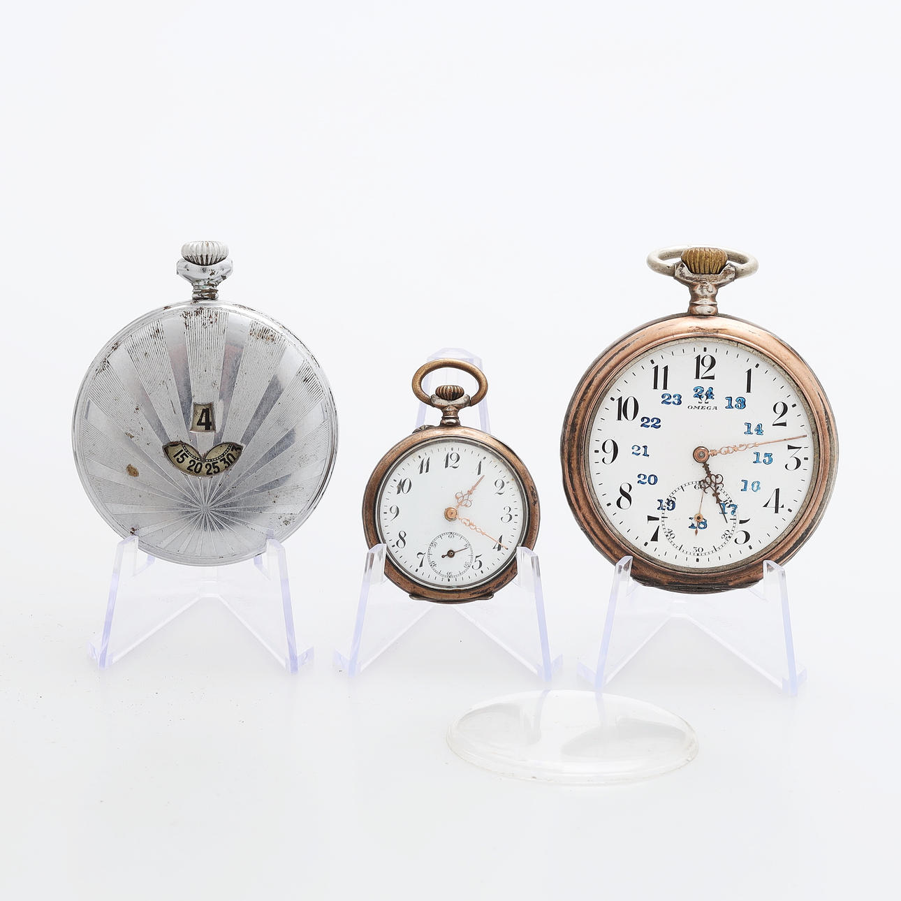 POCKET WATCH, 3 pcs, blue Omega, renovation items.