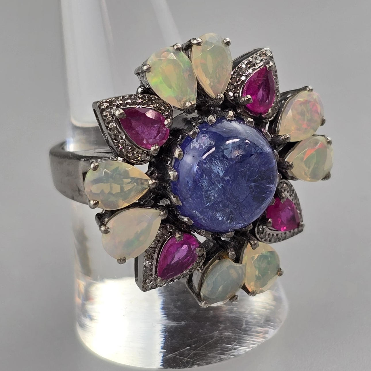 Tanzanite, Opal and Ruby Ring, with Diamonds.