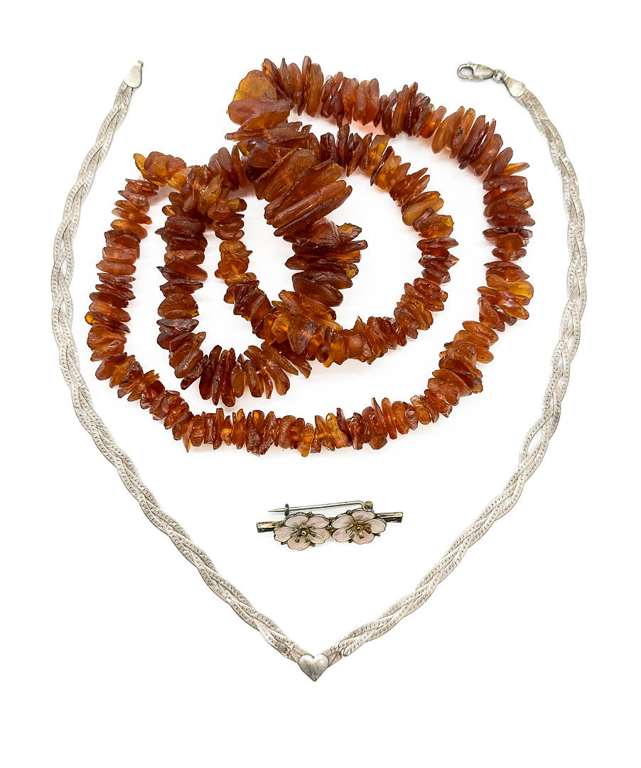 BIJOUTERIER, 3 delar, silver, bärnsten.