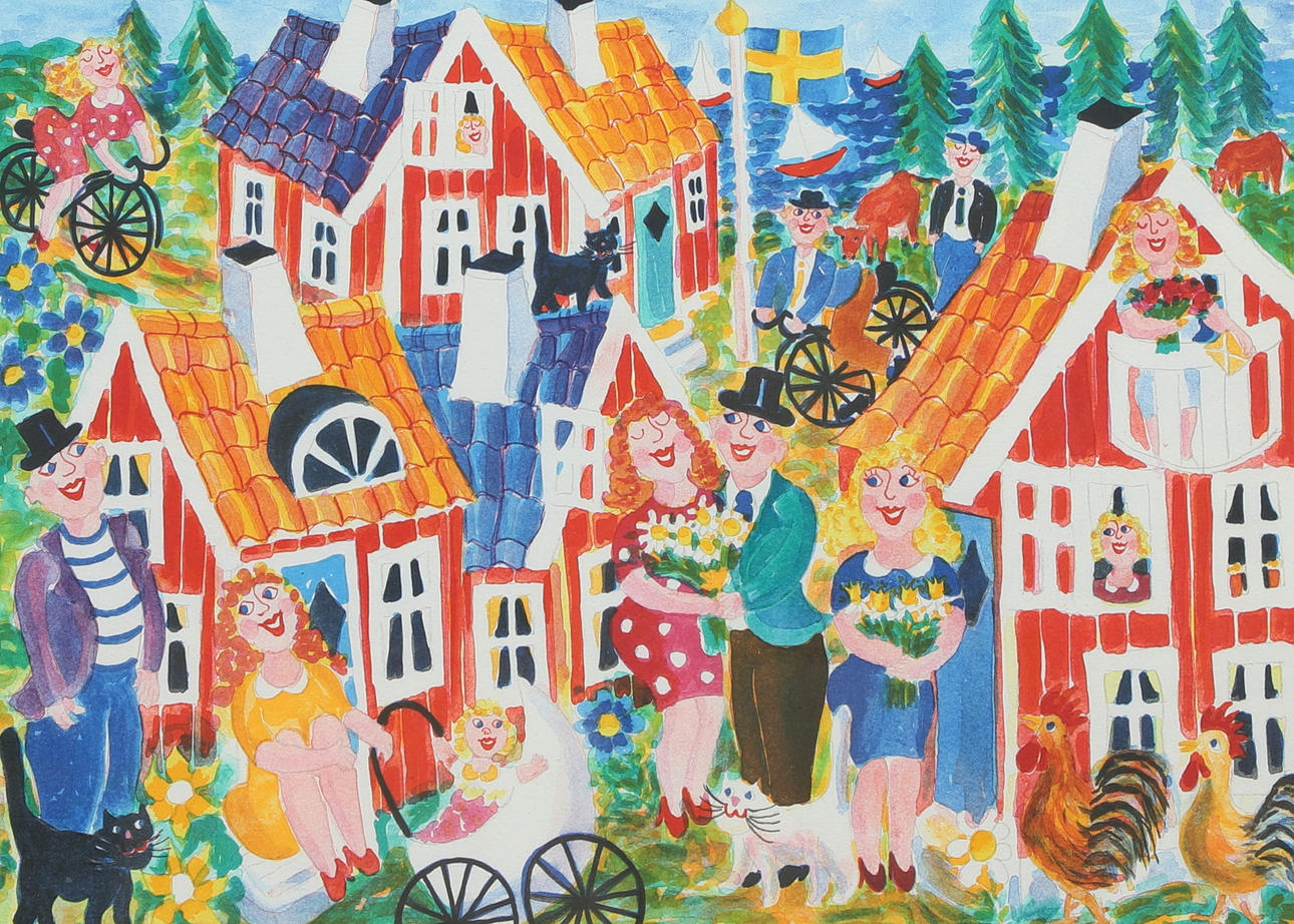 GUNILLA MANN. farvelitografi, „Fästefolk, signeret.