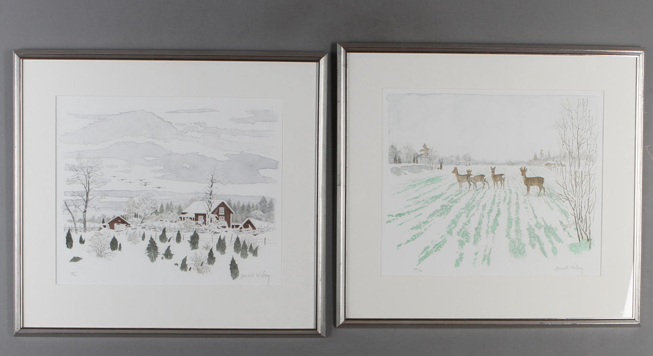 HARALD WIBERG. 2 st, "Rådjur i vårvinter", "Det gamla ödertorpet",färglitografier, signerad samt numrerad 256/360.