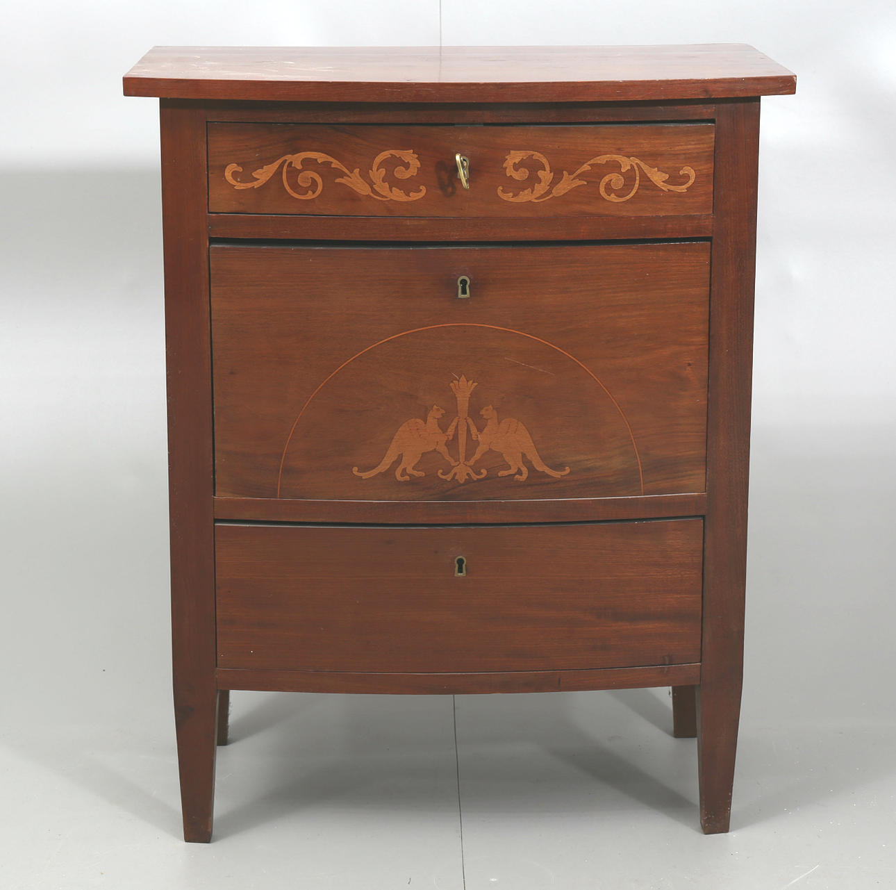 BYRÅ, olika träslag, 3 lådor, empirestil, 1800-1900-tal.