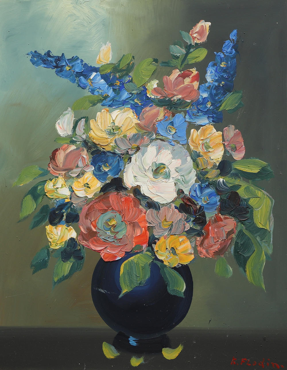 OIDENTIFIERAD KONSTNÄR. Oil on panel, still life, signed, K. Flodin.