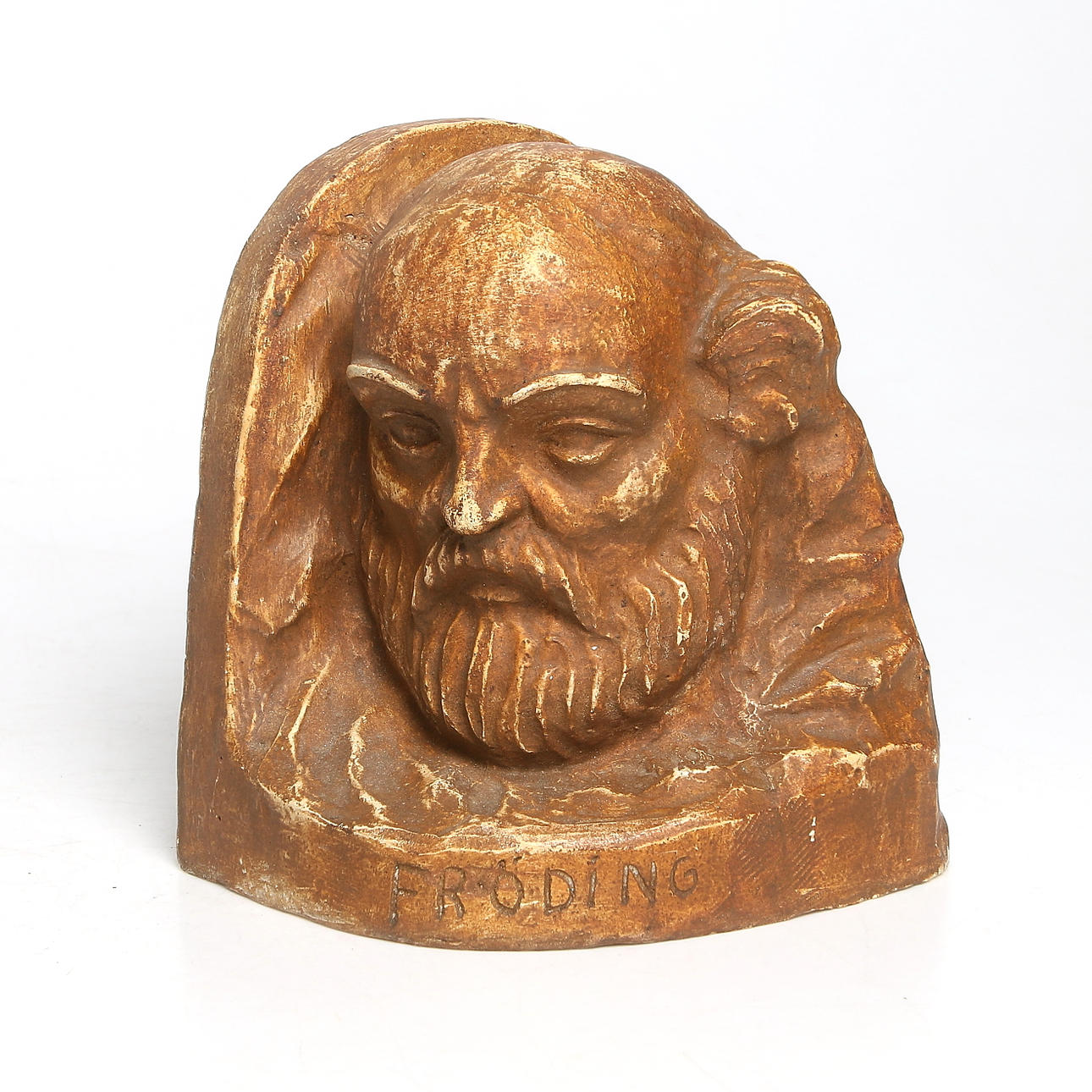 HOLGER PERSSON. "Fröding", skulptur/bokstöd, gips, signard.