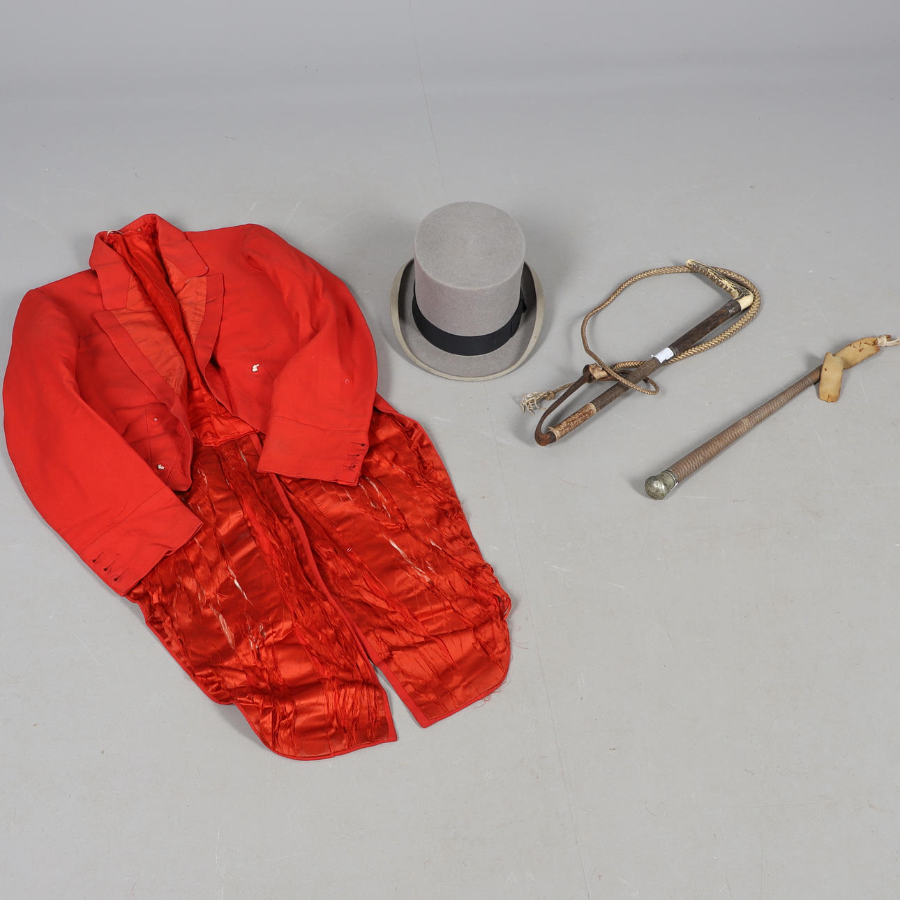 SILVER MOUNTED RIDING CROP, HUNTING COAT & OTHER ITEMS.