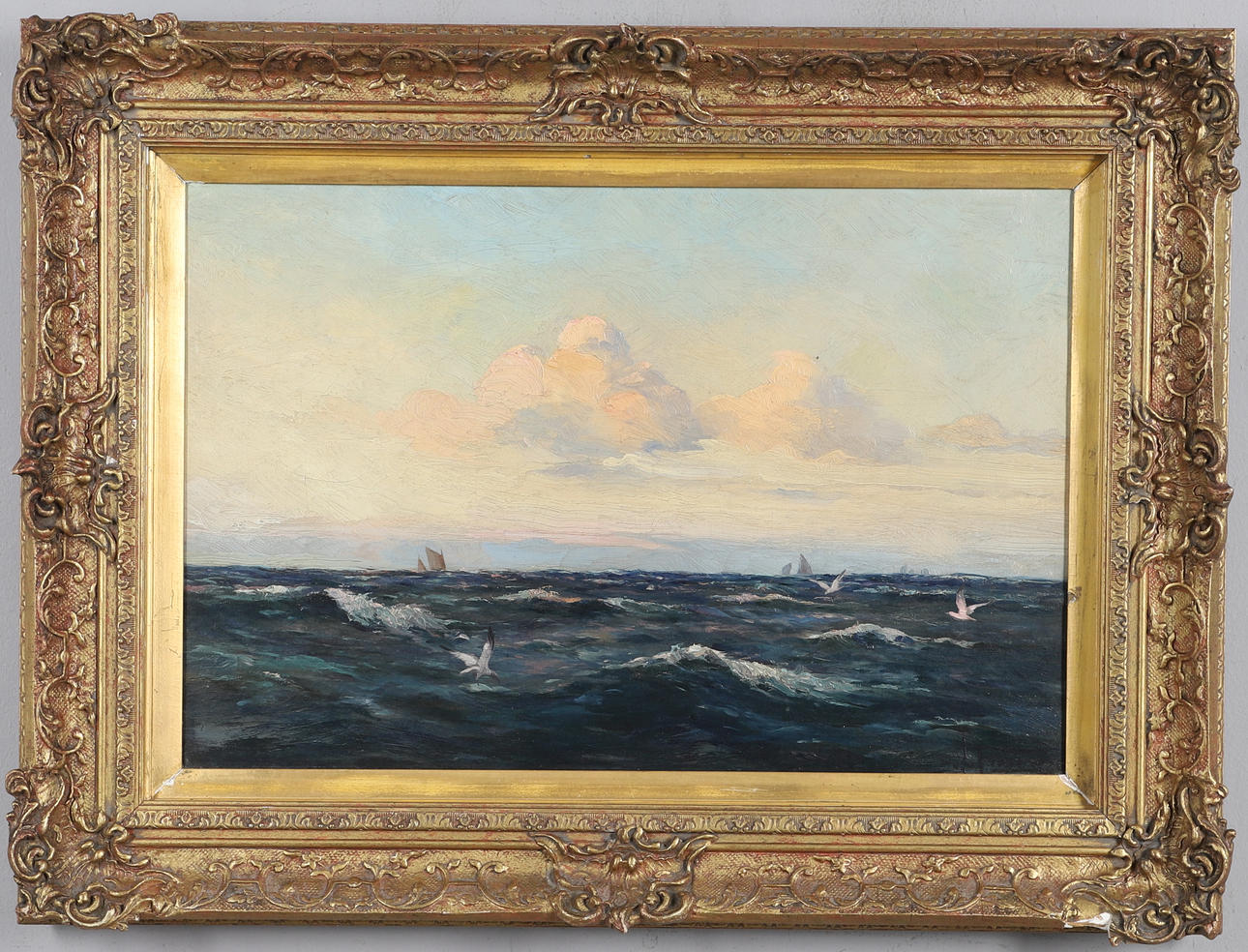 JOHN FRASER (1858-1927). DISTANT SAILING CRAFT ON A CHOPPY SEA.