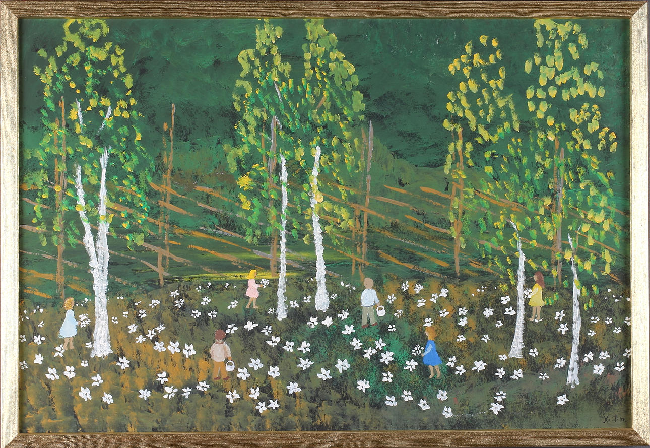 KARIN ANDERSSON. "Prästkragar i hagen", olja på papper, signerad och daterad -74.