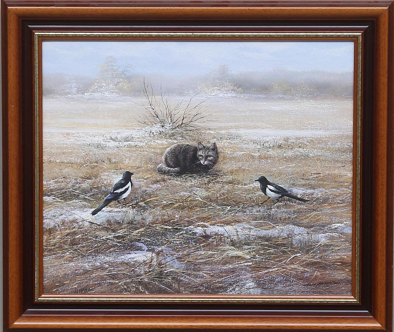 ARNE ANDERSSON. Katt och skator. Olja på duk. Signerad.