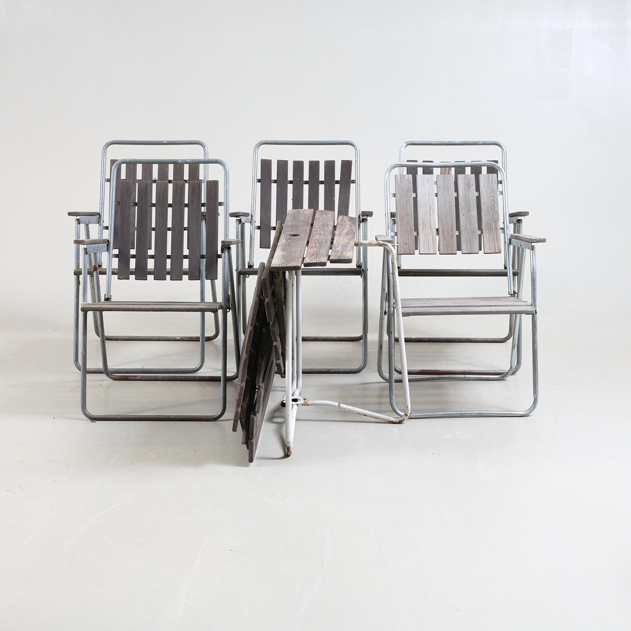 Havegruppe, 7 dele, træ & stål, 20. århundrede.