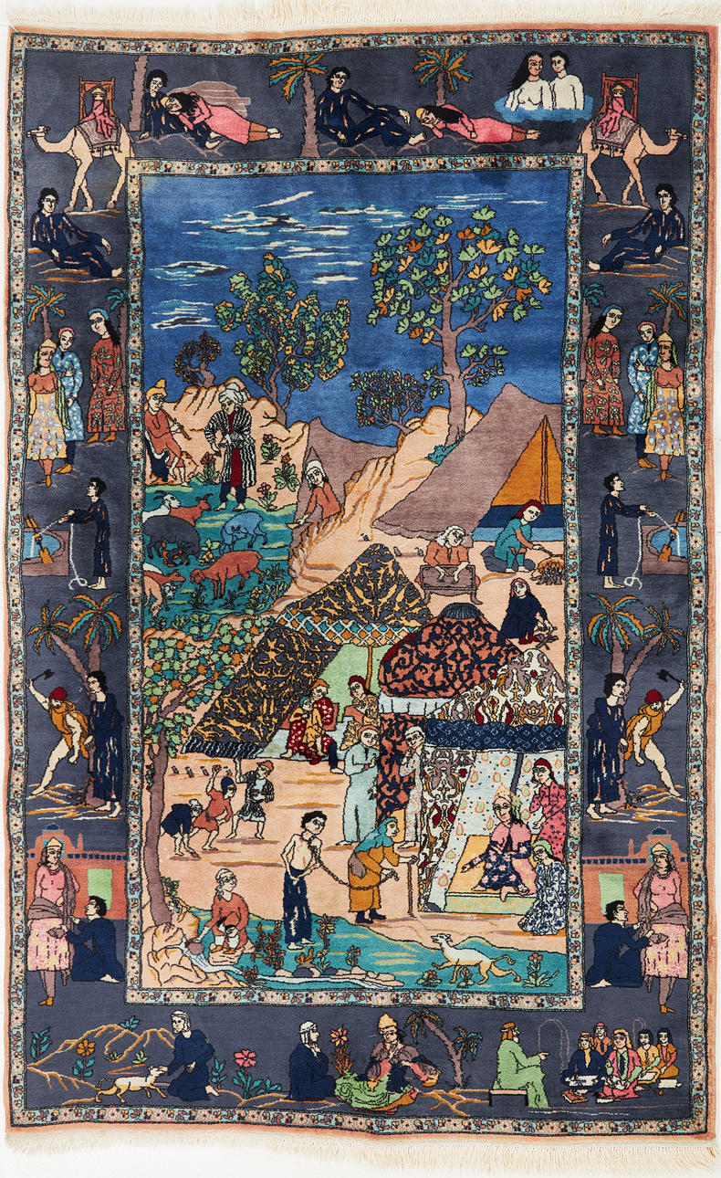 ORIENT CARPET. Figural, figural scenes, wool on cotton warp.