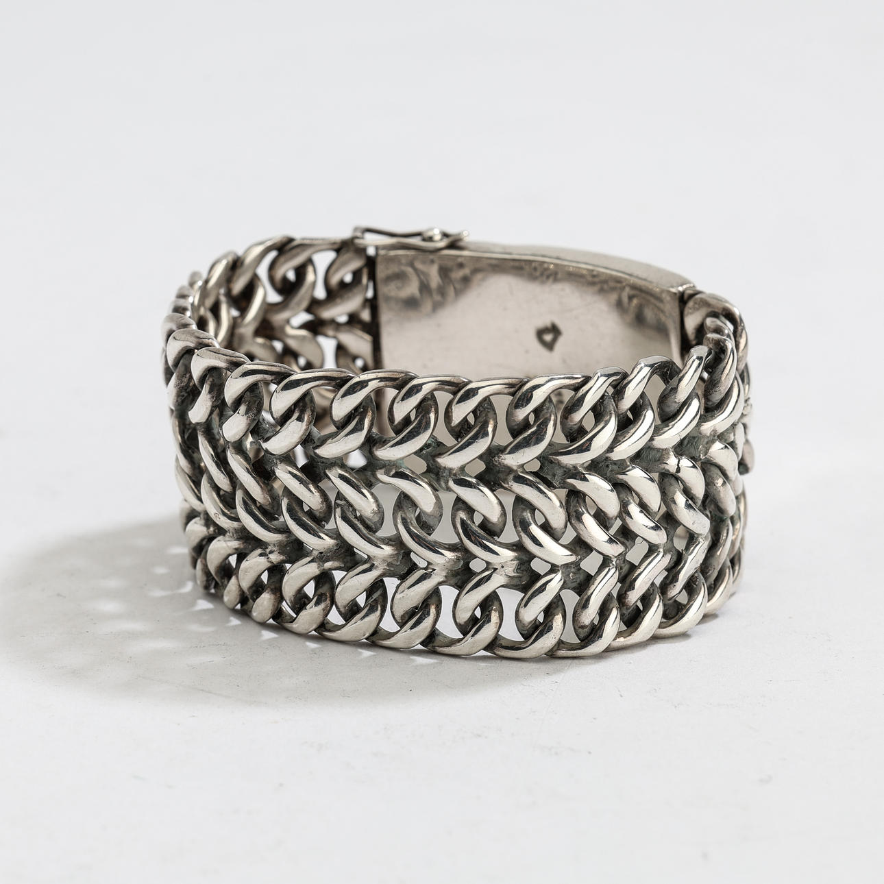 BRACELET, handmade, Mexico, sterling silver, mangled three-row armour.