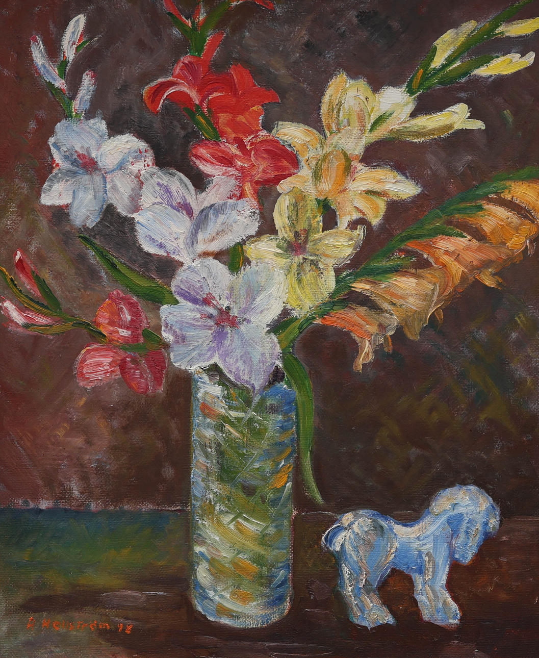 OIDENTIFIERAD KONSTNÄR. oil on panel, still life, signed H Hellström, dated -42.