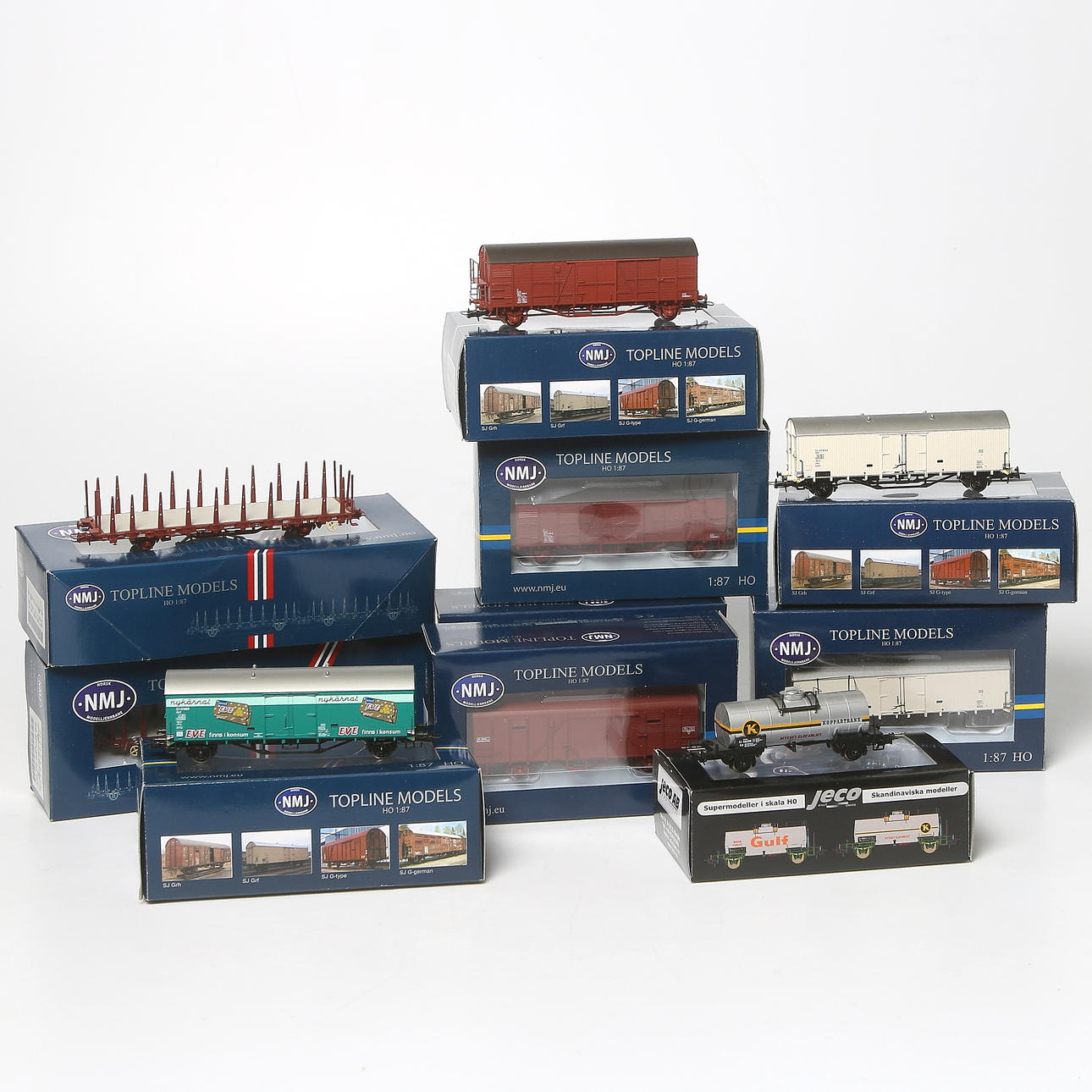 MODELLTÅG, H0, 10 st, godsvagnar, bl.a. NMJ Topline Models.