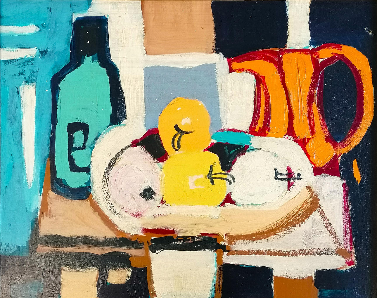 *TERENCE ROBERT WOOD TABLE SETTING WITH ORANGE JUG.