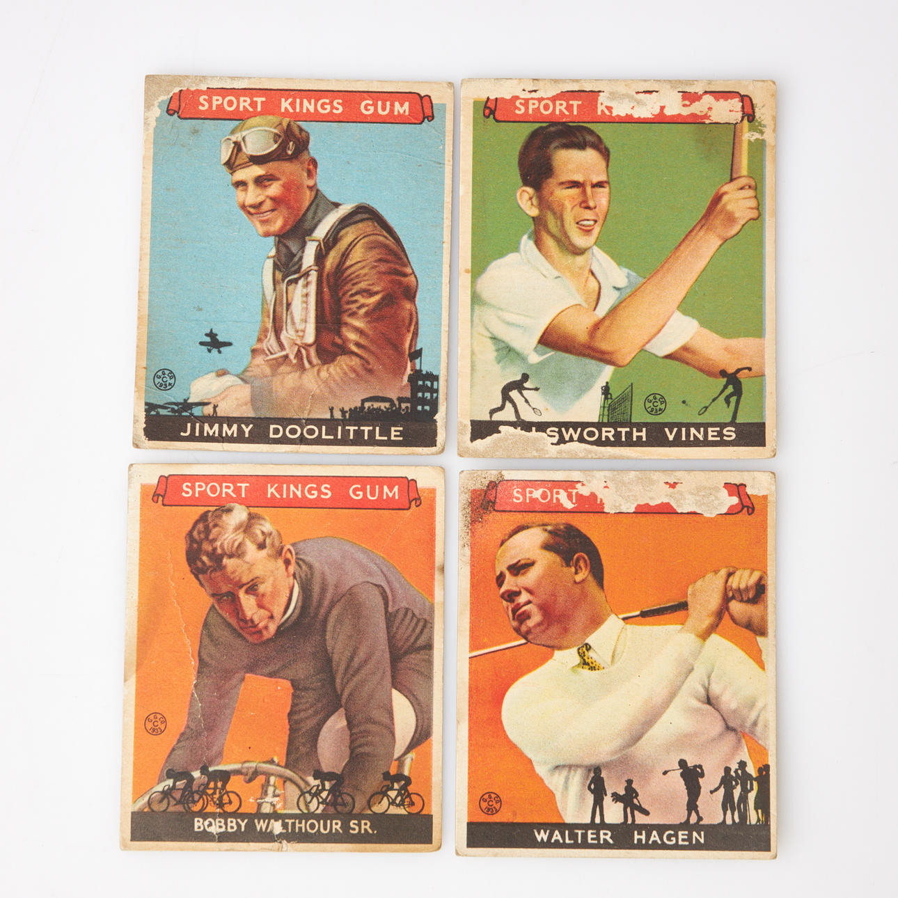 COLLECTOR'S PHOTOS, 4 pcs., Bobby Wathour No.7, Walter Hagen No.8, Jimmy Doolittle No.28, Ellsworth Vines No.46, Goudey Gum Co. 1933, Sport Kings Gum.