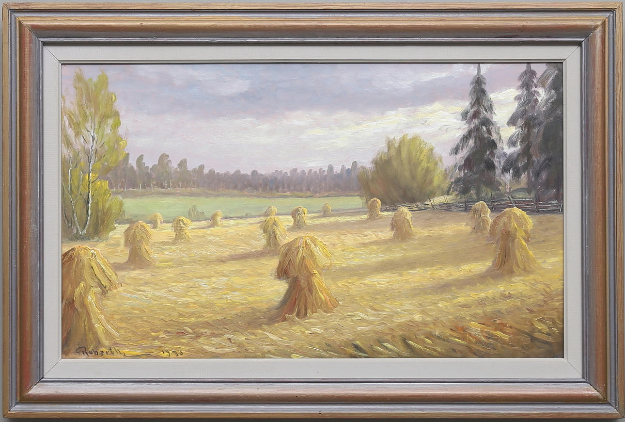 ROBERTH KARLSSON. "Hällestad". Olja på pannå. Signerad och daterad 1970.