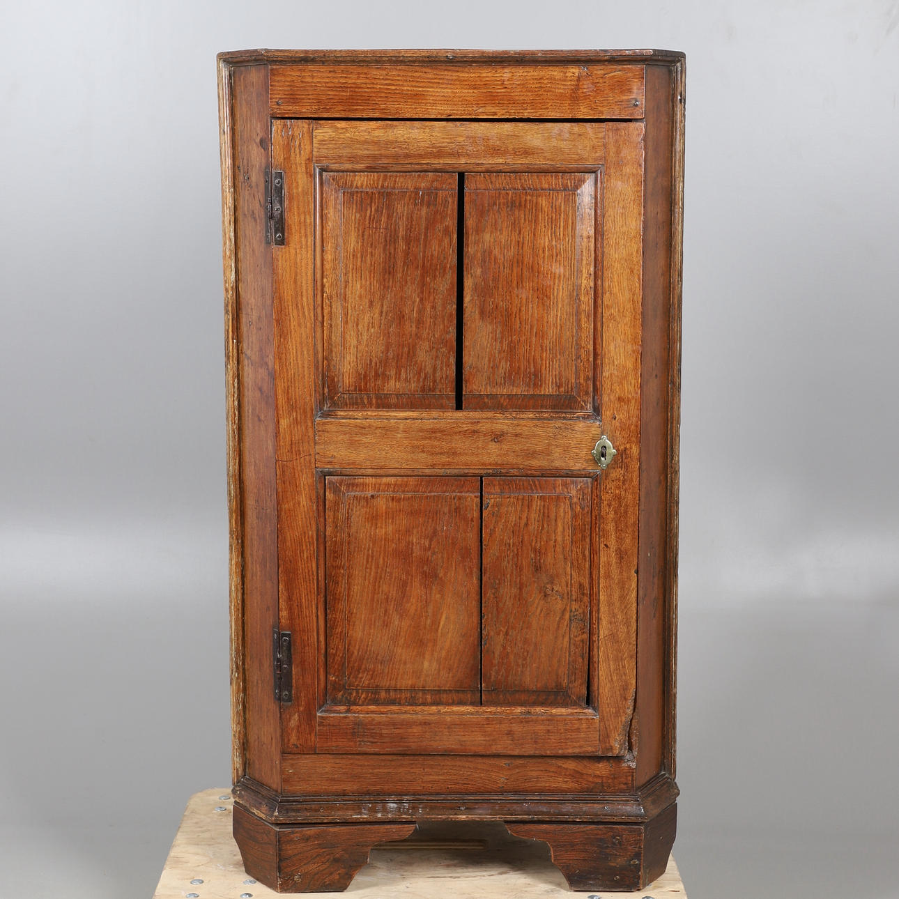 AN OAK PANELLED UPRIGHT SINGLE DOOR CUPBOARD.
