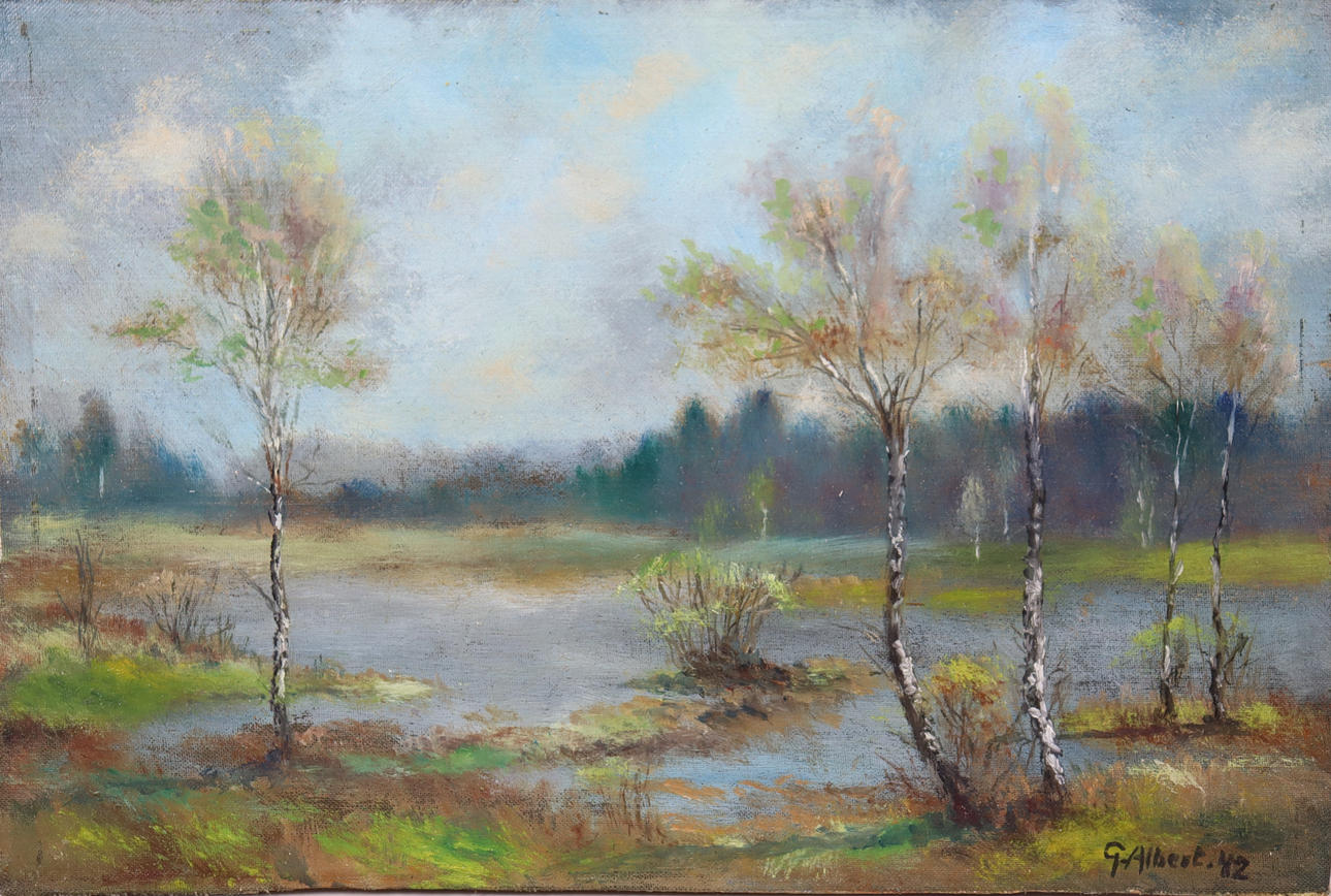 GUSTAV ALBERT, oil on panel, bog with birches.