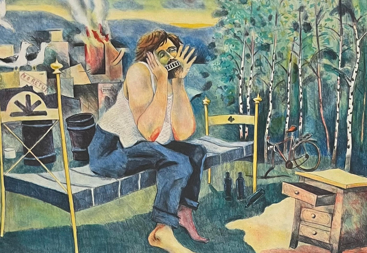 JUSSI TAIPALEENMÄKI. “Ballad at a Dumpster”. Lithograph in colours, signed and numbered 131/260.