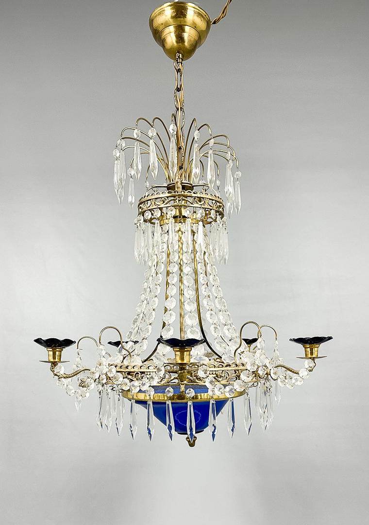 A brass chandelier, prisms, 20th century.