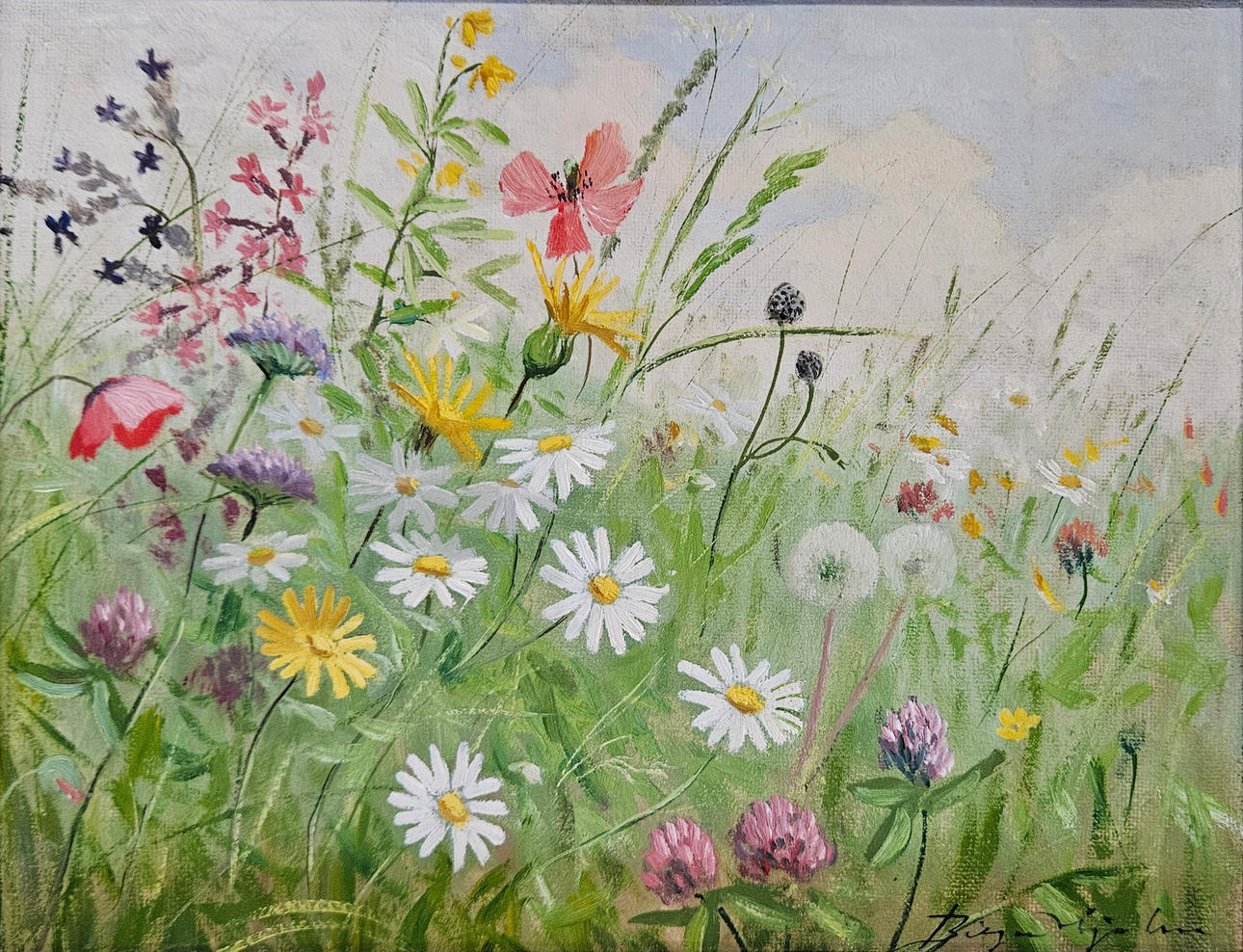 BIRGER HJELM. “Wildflowers”. Oil on panel, signed.