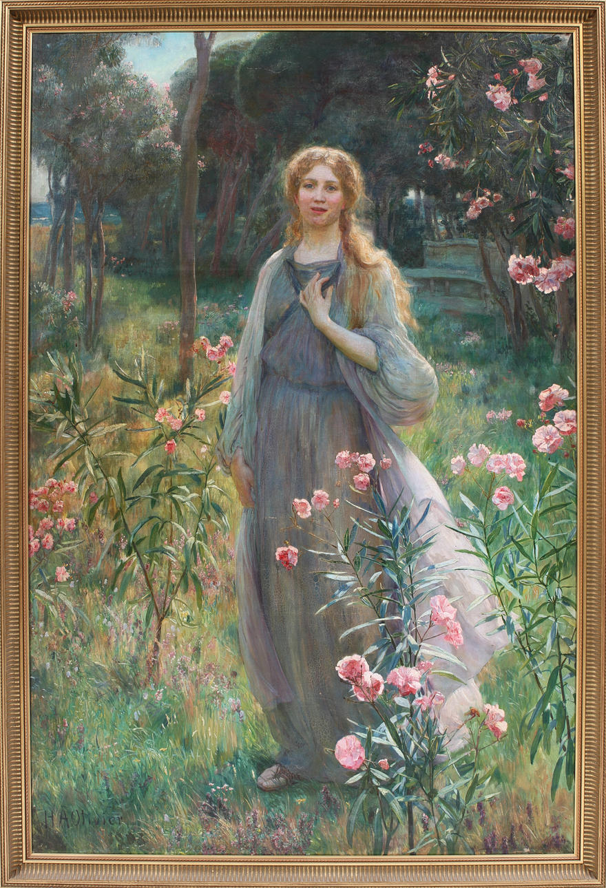 HERBERT ARNOULD OLIVIER (1861-1952). Kvinna i blommande park. Olja på duk.