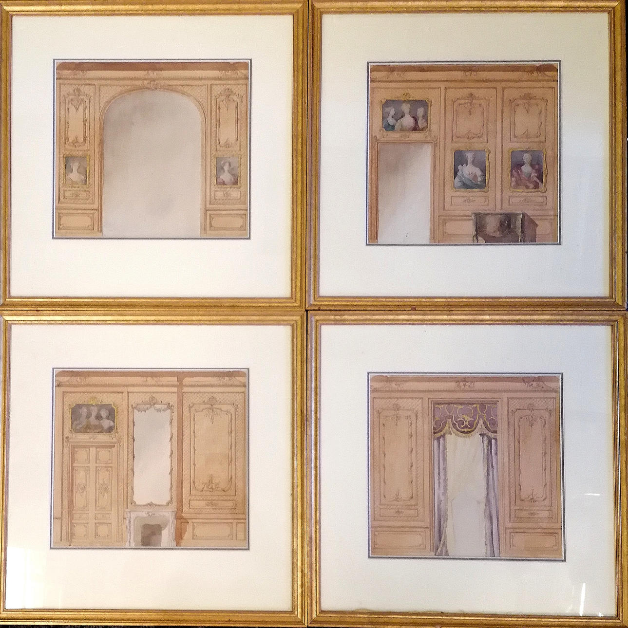 4 X ORIGINAL AKVARELLER AV INTERIÖRER.