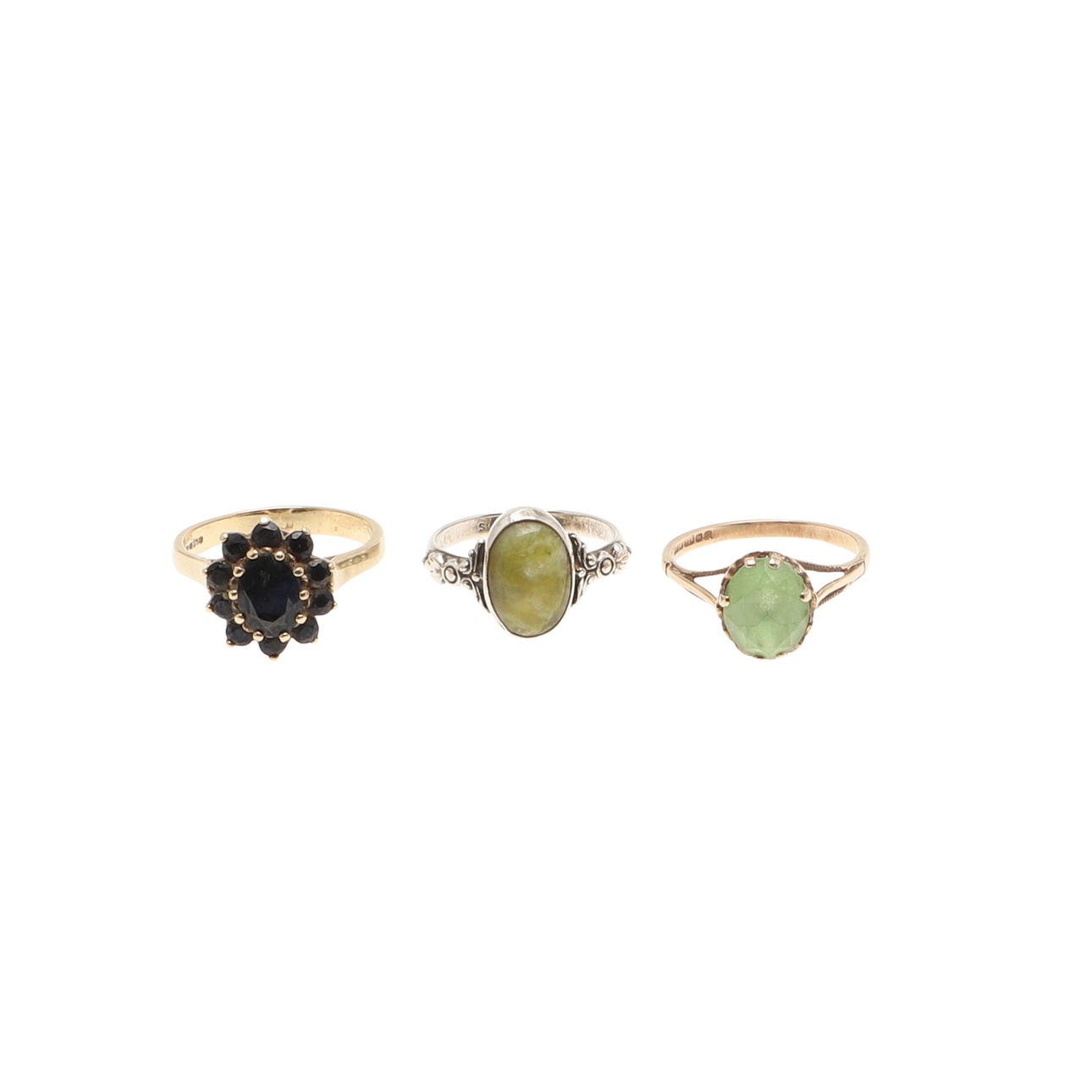 TWO 9CT GOLD AND GEMSET RINGS AND A SILVER RING.
