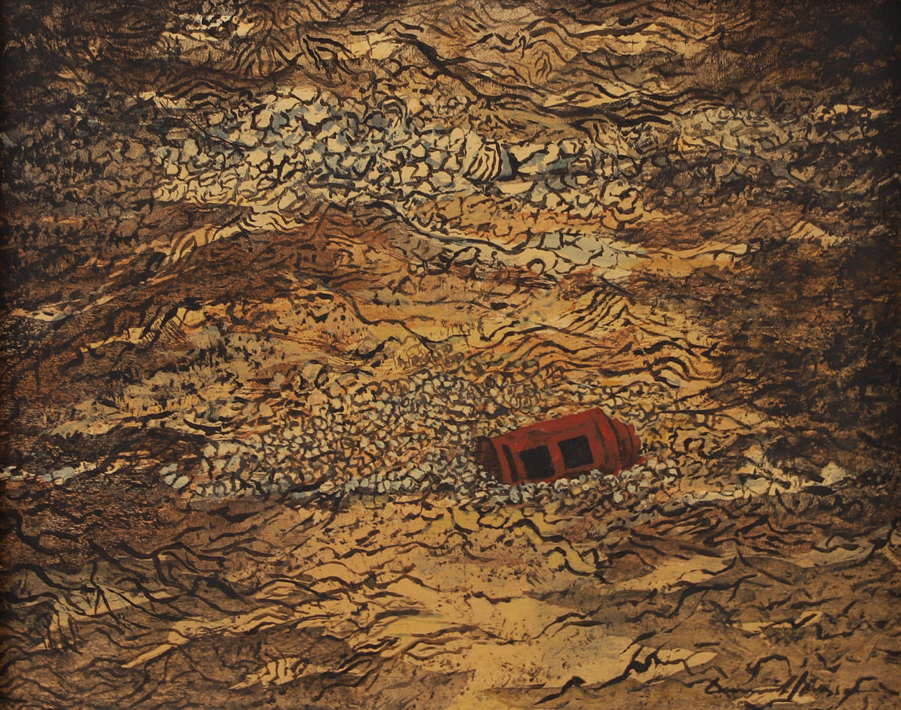 LENNART JÖNSSON. Schwebender Eisenofen, Mischtechnik, signiert.