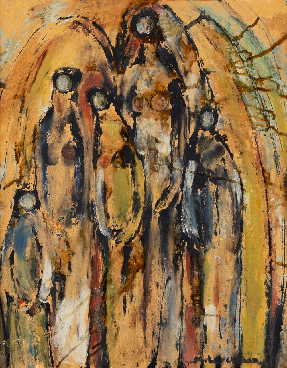 MONICA LORENTZON. People hiking, oil on panel, signed.