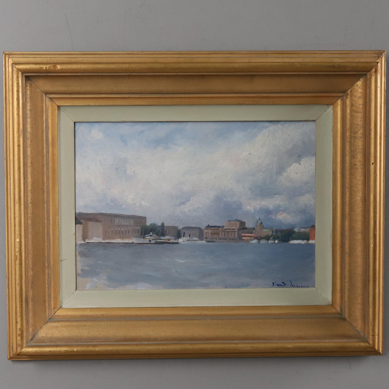 KNUT JANSON. BACKGAMMON. Oil on panel, “Stockholmsvy”, signed.