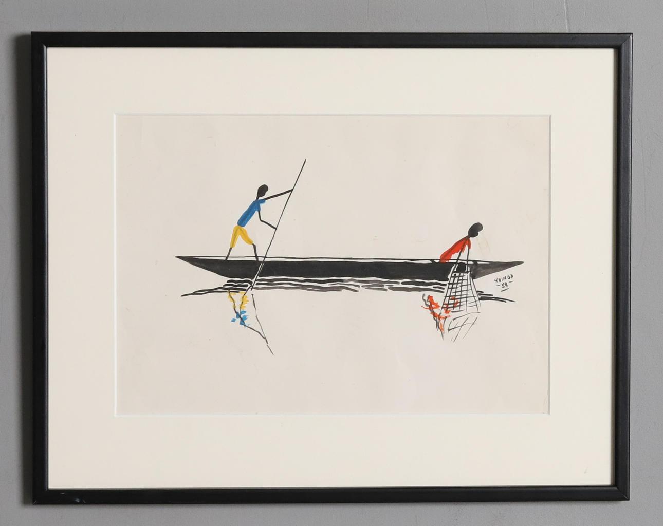OIDENTIFIERAD KONSTNÄR. BACKGAMMON. Watercolour on cardboard, “Fishing trip”, signed N'Zinga.