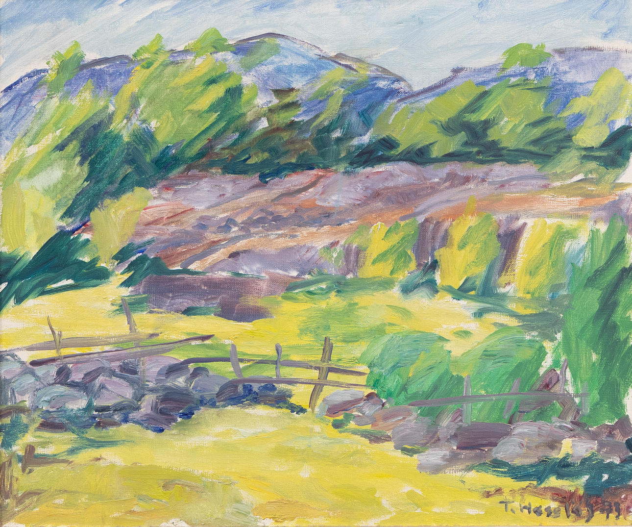 OIDENTIFIERAD KONSTNÄR. Landscape motif, oil on canvas, signed T. Hasslöf and dated -73.