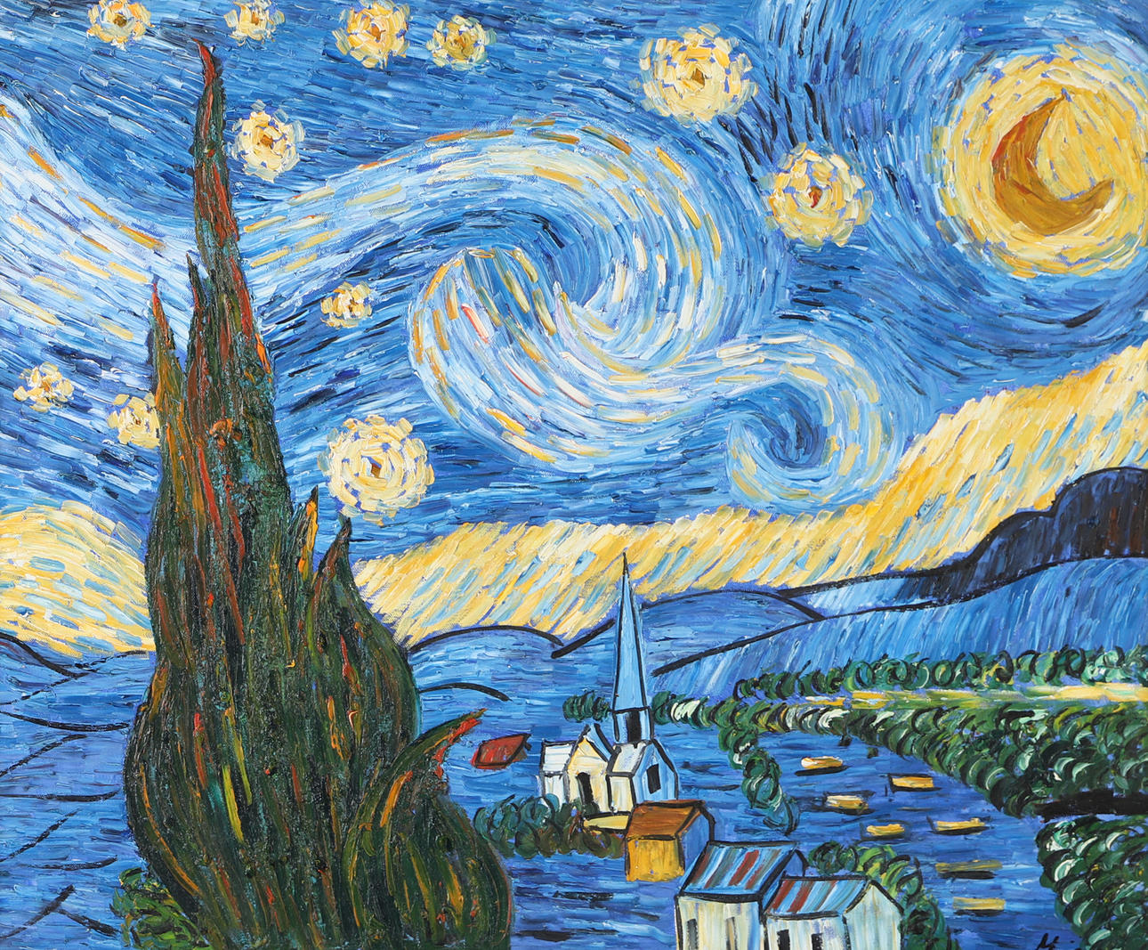 OIDENTIFIERAD KONSTNÄR. Starry Night, kopi efter Vincent van Gogh, utydeligt underskrevet.