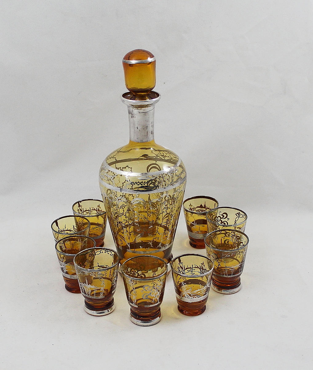 DRINKSET, 11 delar, silverbelagd, gult glas Italien.