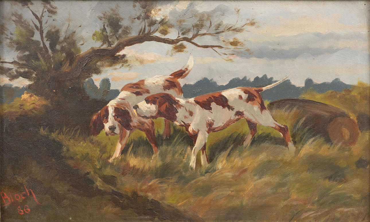 OIDENTIFIERAD KONSTNÄR. Hunting dogs, oil on panel, signed Bloch and dated -86.