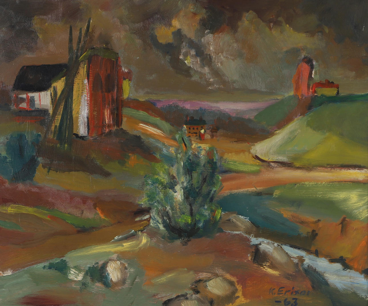 OIDENTIFIERAD KONSTNÄR. Landscape with mill, oil on panel, signed K. Erixon.