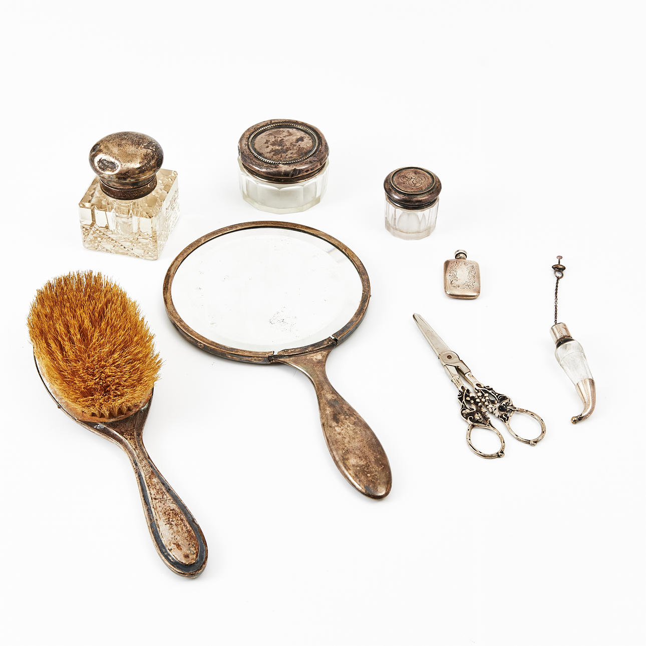 BRUSH, HAND MIRROR, PILL JARS, SCISSORS, etc., silver, single sterling, 8 pieces.