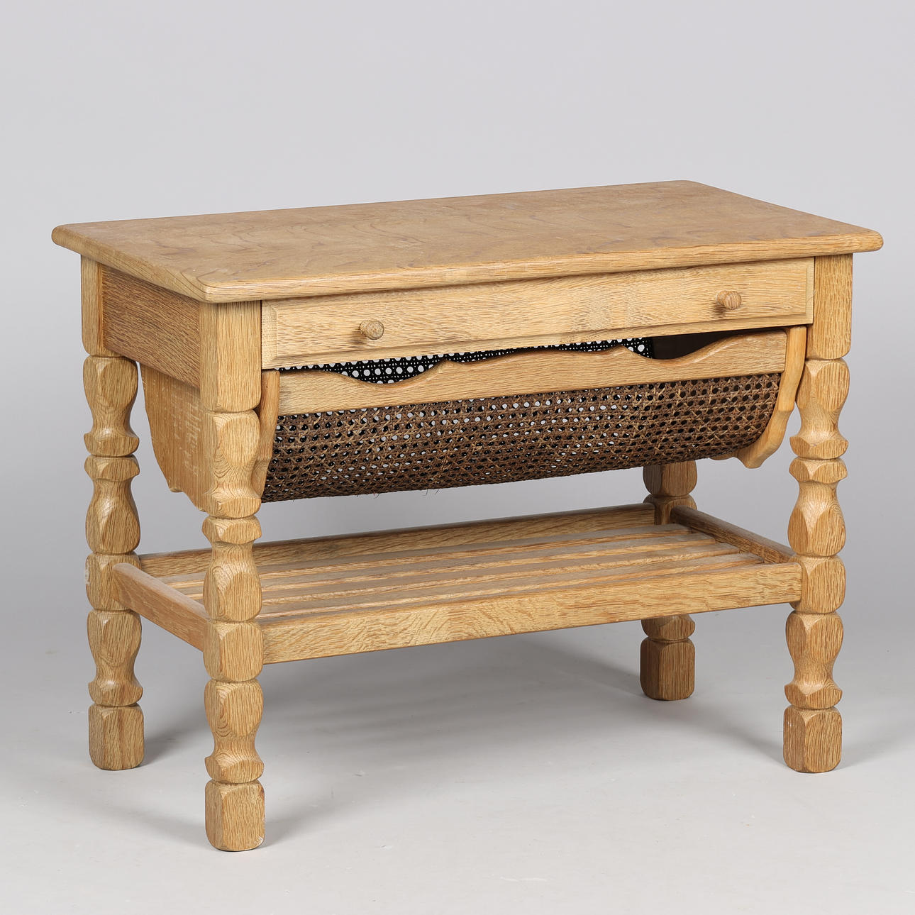Sewing table, Henry Kjærnulf style of solid oak. Denmark.